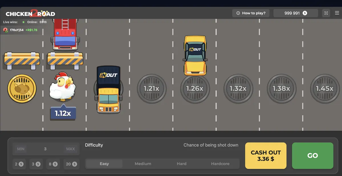 Chicken Road 2 em demo com a galinha na pista entre carros e multiplicador 1.12x