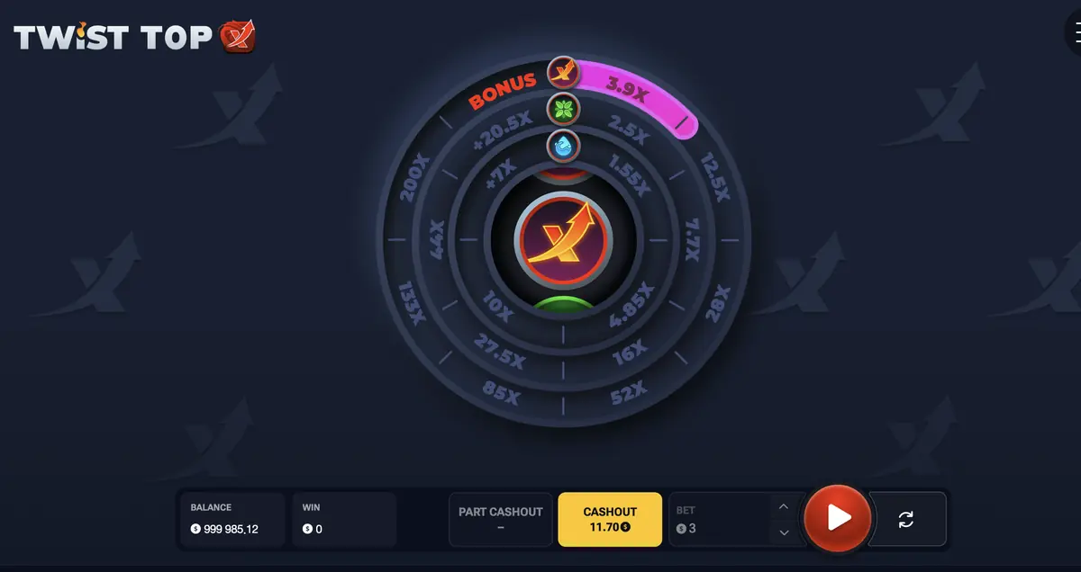 Twist TopX em modo demo, roda com multiplicadores e botões de cash out