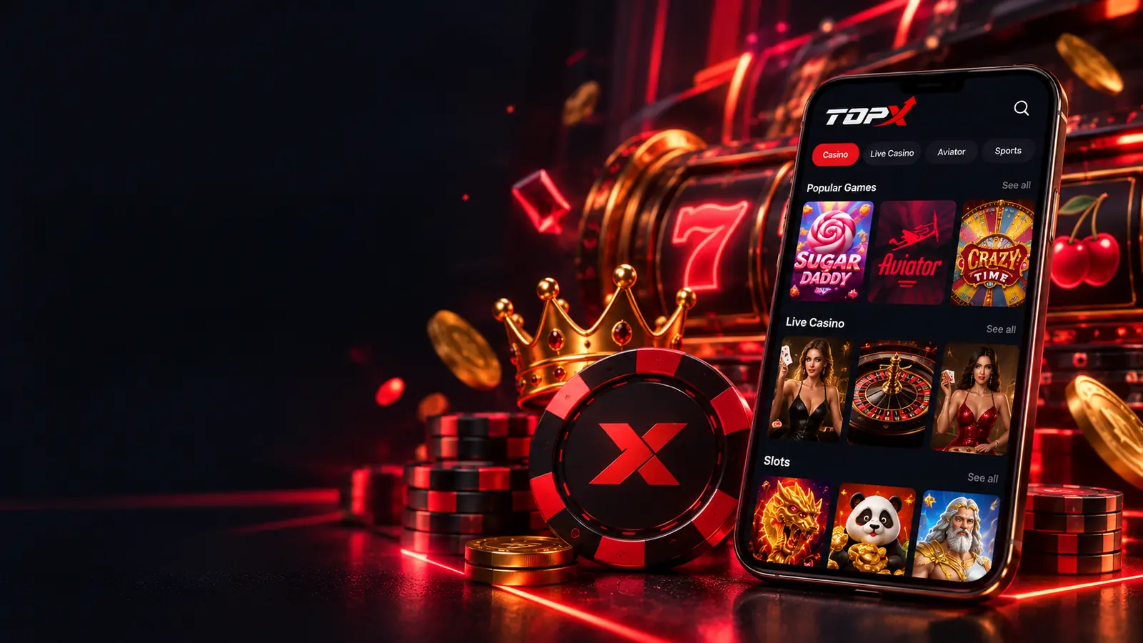 Celular com o app da TopX aberto em jogos populares, coroa dourada e fichas com X