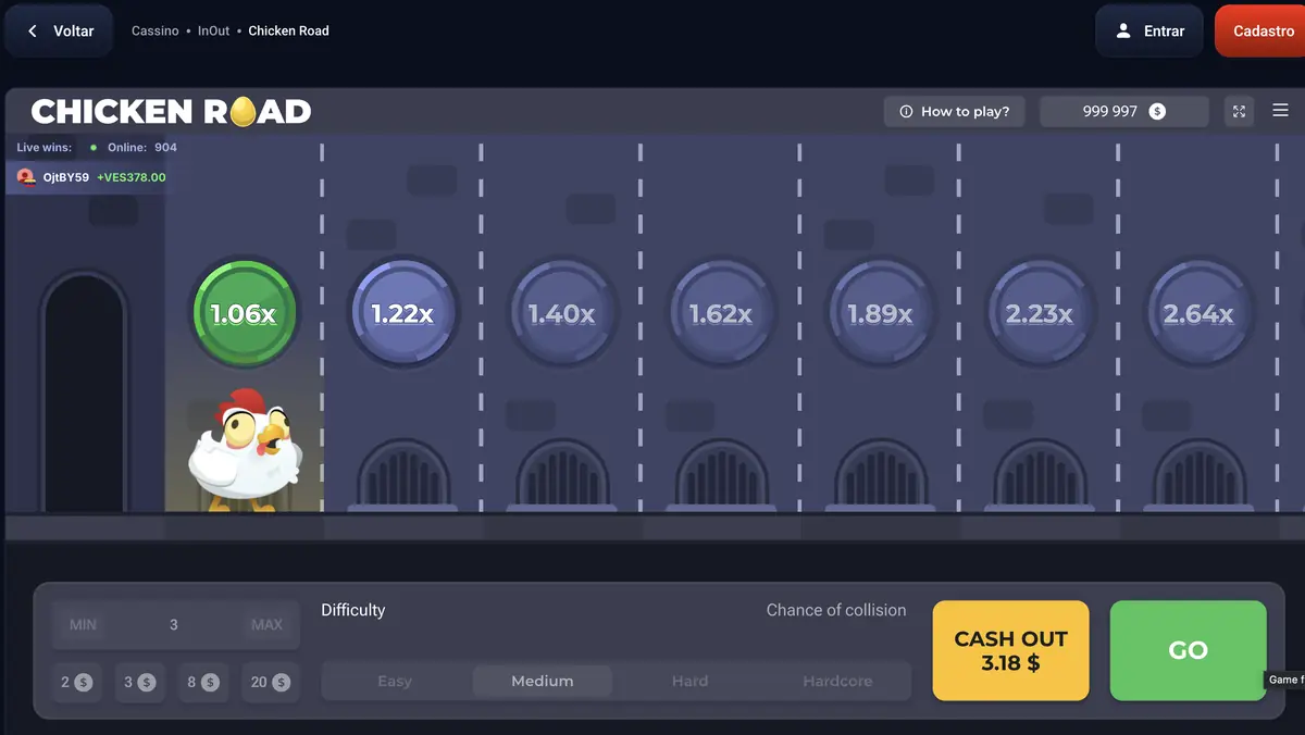 Chicken Road em modo demo na TopX com galinha, tampas de bueiro e multiplicadores